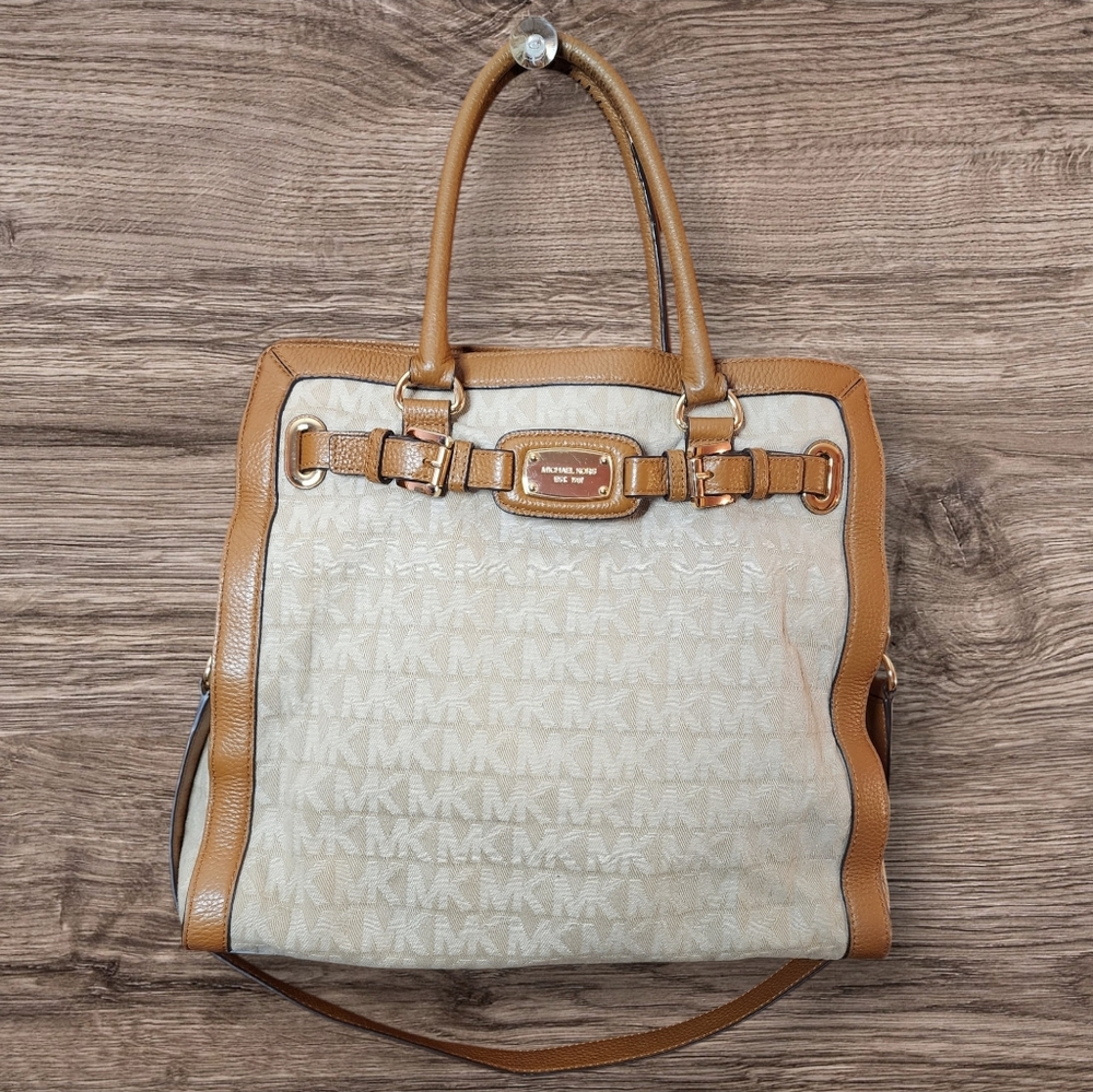 Michael Kors Hamilton Monogram Cloth/ Leather Shoulder Handbag with Chain Detail